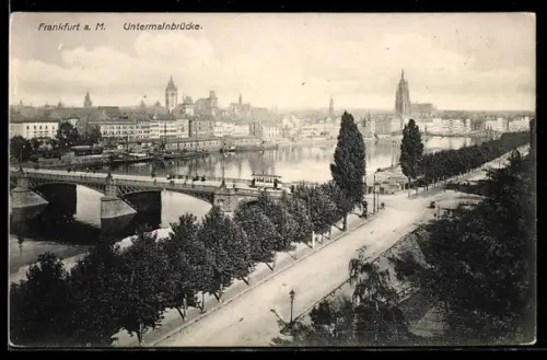AK Frankfurt a. M., Untermainbrücke mit Strassenbahn, Im Hintergrund Dom