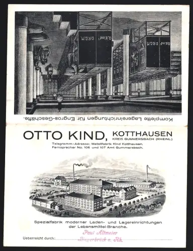 Klapp-Vertreterkarte Kotthausen, Otto Kind, Lager- und Ladeneinrichtungen für Lebensmittel, Fabrik aus der Vogelschau