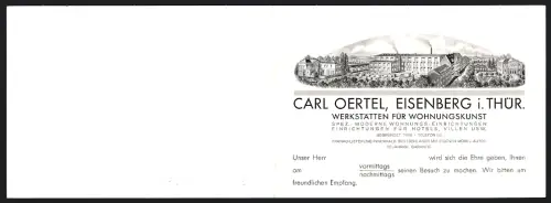 Klapp-Vertreterkarte Eisenberg i. Thür., Carl Oertel, Werkstätten für Wohnungskunst, Fabrikanlage und Innenräume