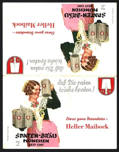 Klapp-Werbebillet München, Spaten-Bräu, Heller Maibock-Bier, Frau mit Bierhumpen