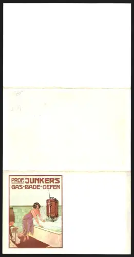 Klapp-Vertreterkarte Prof. Junkerks, Gas-Bade-Öfen, Frau mit Badewanne und Badansichten