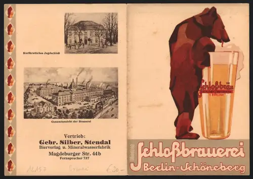 Klapp-Vertreterkarte Berlin-Schöneberg, Gebr. Silber, Schlossbrauerei, Bär trinkt aus einem Bierglas