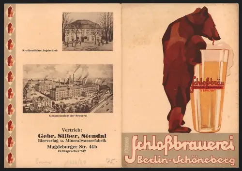 Klapp-Vertreterkarte Berlin-Schöneberg, Gebr. Silber, Schlossbrauerei, Bär trinkt aus einem Bierglas