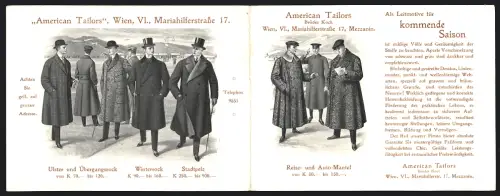Klapp-Vertreterkarte Wien, Brüder Koch, American Tailors in der Mariahilferstrasse 17, Feine Herren in Mänteln