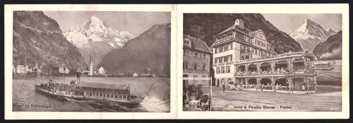 Klapp-Vertreterkarte Flüelen, Jost Sigrist, Hotel und Pension Sternen, Aussenansicht mit Bergpanorama