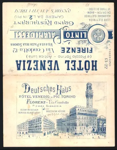 Vertreterkarte Florenz, Olinto Palamidessi, Hotel Deutsches Haus, Via Condotta, Strassenpartie mit Hotel und Rathaus