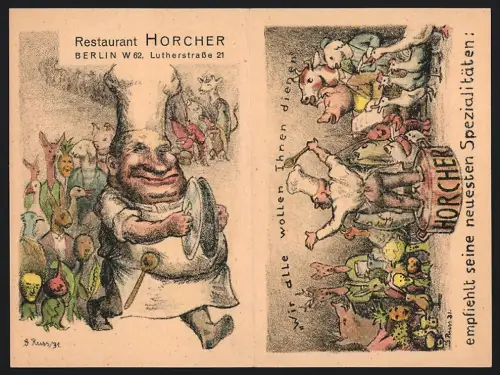 Klapp-Kofferaufkleber Berlin, Restaurant Horcher, Lutherstrasse 21, Koch steht auf einem Podest vor Tieren