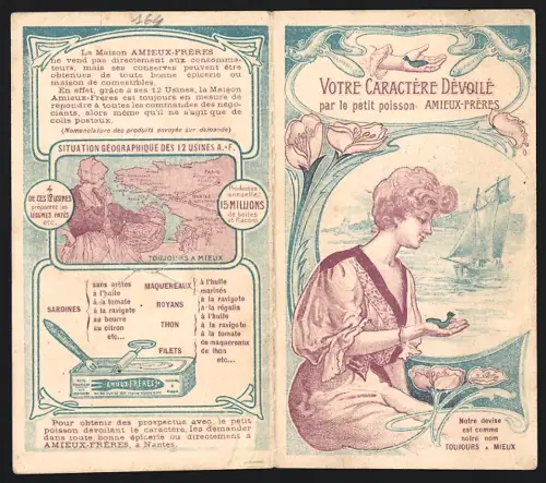 Klapp-Vertreterkarte Amieux-Frères, Petit poisson, Handel für Fisch in Konservendosen, hübsche Frau mit Fisch