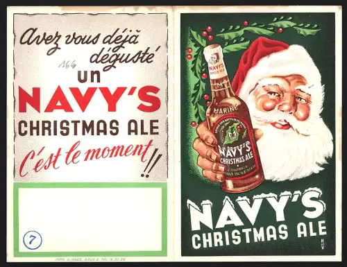 Klapp-Vertreterkarte Navy`s Christmas Ale, Weihnachtsmann mit einer Flasche und Stechpalmenzweigen