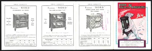 Klapp-Vertreterkarte Paris, Foeles Nanquette, 19 Avenue de Villiers, Geschäft für Öfen, Eisbär flieht mit einem Ofen