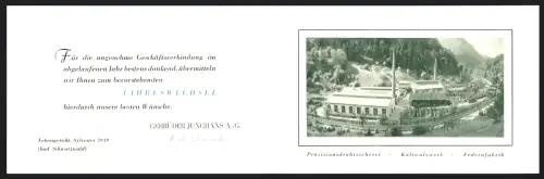 Klapp-Vertreterkarte Lehengericht, Gebrüder Junghans, Kaltwalzwerk und Federnfabrik, Fabrik aus der Vogelschau und Logo