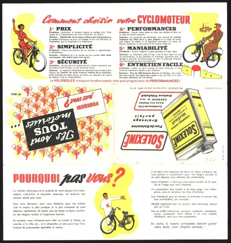 Klapp-Vertreterkarte Velo Solex, La Bicyclette qui roule toute seule, Verschiedene Bilder mit Fahrrädern