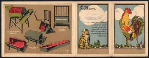 Klapp-Vertreterkarte Château Heillante, Machine à laver, Buanderie, Cuiseur, Hahn und Katze unter freiem Himmel