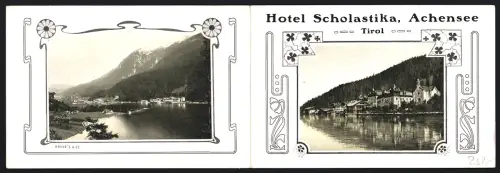 Klapp-Vertreterkarte Achensee /Tirol, Julie Messner, Hotel Scholastika, Idyllische Aussenansichten mit Bergpanorama