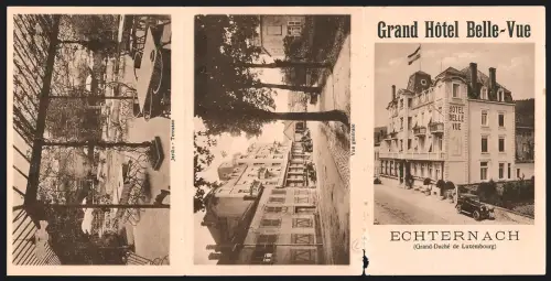 Klapp-Vertreterkarte Echternach, Const. Scholtes, Grand Hôtel Belle-Vue, Aussen- und Innenansichten