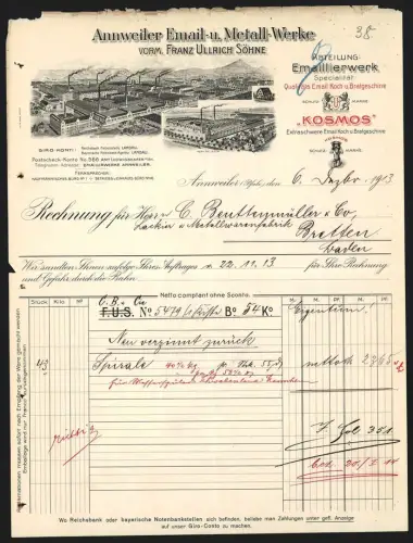 Rechnung Annweiler /Pfalz 1913, Email- u. Metall-Werke vorm. Franz Ullrich Söhne, Werksgelände
