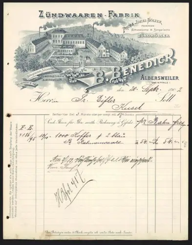 Rechnung Albersweiler /Rheinpfalz 1902, B. Bendick, Zündwaren-Fabrik, Bengalische Zündhölzer, Werksansicht
