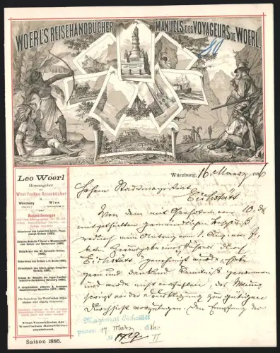 Briefkopf Würzburg 1886, Woerl`s Reisenhandbücher, verschiedene Ortsansichten, Passagierschiff, Jäger