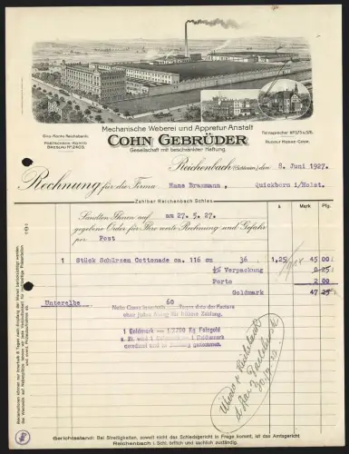 Rechnung Reichenbach /Schlesien 1927, Cohn Gebrüder, Mechanische Weberei und Appretur-Anstalt, Werksgelände