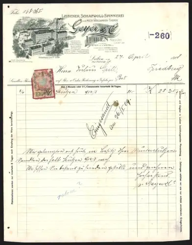Rechnung Leiben /Nied.-Öst. 1908, Geyer & Co., Leibener Schafwoll-Spinnerei und Mech. Wollwaren-Fabrik, Werksansicht