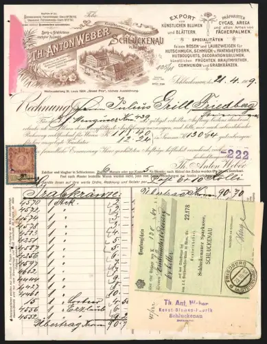 Rechnung Schluckenau in Böhmen 1909, Th. Anton Weber, Export von künstlichen Blumen, Ansicht vom Werk aus der Vogelschau