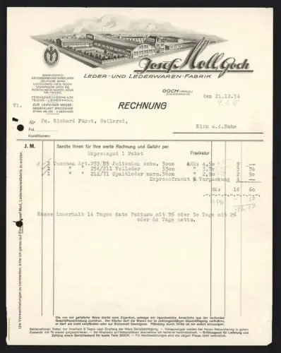 Rechnung Goch /Rhld. 1934, Josef Moll, Leder- und Lederwaren-Fabrik, Gesamtansicht vom Werk