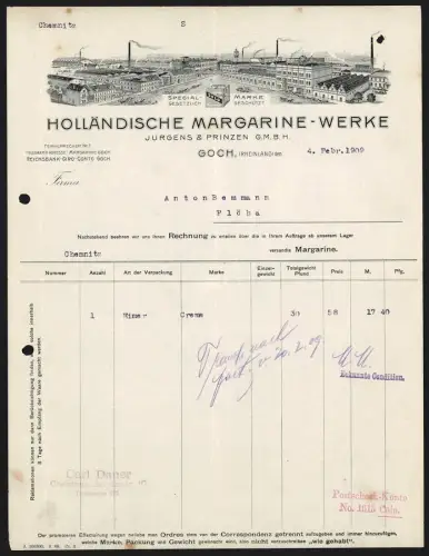 Rechnung Goch /Rheinland 1909, Jurgens & Prinzen GmbH, Holländische Margarine-Werke, Ansicht der Fabrik
