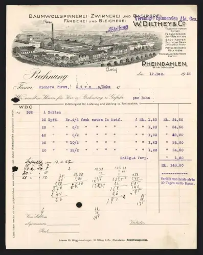 Rechnung Rheindahlen /Düsseldorf 1926, W. Dilthey & Co., Baumwollspinnerei, Zwirnerei, Färberei, Gesamtansicht vom Werk