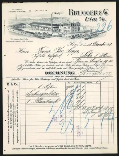 Rechnung Ulm a. D. 1913, Bruggers & Co., Käsefabrik, Gesamtansicht vom Werksgelände