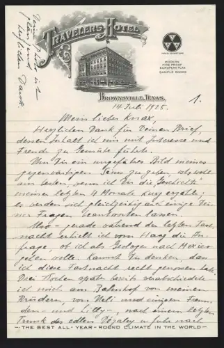 Briefkopf Brownsville /TX, Travellers Hotel, Gesamtansicht vom Hotel