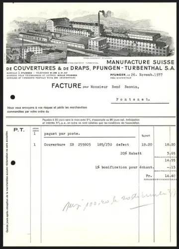 Rechnung Pfungen 1937, Manufacture Suisse de Couvertures & de Draps, Werksgelände