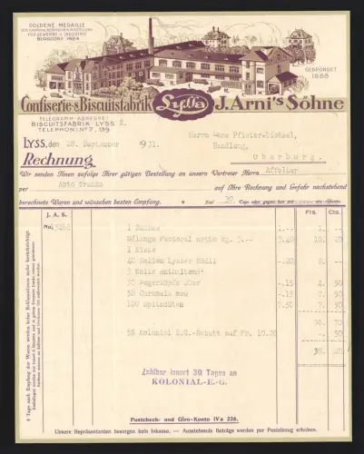 Rechnung Lyss 1931, J. Arni`s Söhne, Confiserie- & Biscuitfabrik Sylla, Gesamtansicht vom Werk