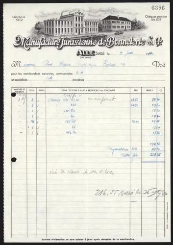 Rechnung Alle, Manufacture Jurassienne de Bonneterie S. A., Werksgelände mit Gleisanlage