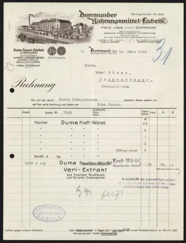 Rechnung Dortmund 1918, Fritz Linde GmbH, Dortmunder Nahrungsmittel-Fabrik, Blick auf die Fabrik