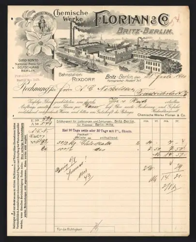 Rechnung Britz-Berlin 1910, Florian & Co., Chemische Werke, Blick auf die Fabrik aus der Vogelschau