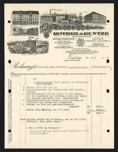 Rechnung Leipzig 1931, Rother & Kuntze, Möbelfrabik, Ansicht vom Hauptgeschäft und der Fabriken