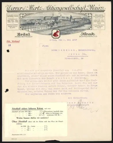 Briefkopf Mainz 1927, Werner & Metz Aktiengesellschaft Mainz, Erdal Marke Rotfrosch, Kwak Bohnerwachs, Ansicht des Werks