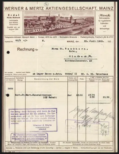 Rechnung Mainz 1925, Werner & Metz Aktiengesellschaft Mainz, Erdal Marke Rotfrosch, Blick auf das Fabrikgelände