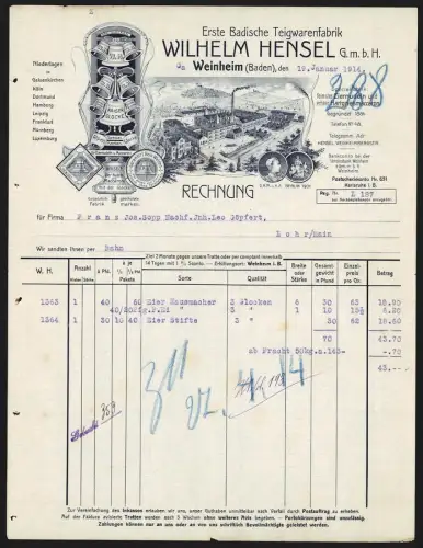 Rechnung Weinheim /Baden 1914, Wilhelm Hensel, Teigwarenfabrik, Werkansicht aus der Vogelschau