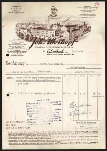 Rechnung Gladbach 1950, Jos. Moskopf, Senf- und Essigwaren-Fabrik, Werksansicht mit Logo