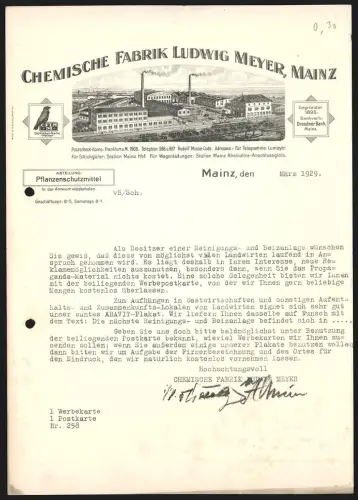 Briefkopf Mainz 1929, Ludwig Meyer, Chemische Fabrik Ludwig Meyer, Blick zum Werk