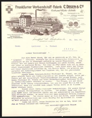 Briefkopf Frankfurt a. M. 1903, C. Degen & Cie, Frankfurt Verbandstoff-Fabrik, Verband-Watte-Fabrik, Fabrikansicht