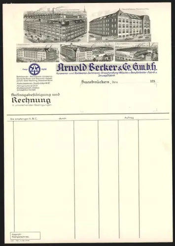 Briefkopf Saarbrücken, Arnold Becker & Co GmbH, Kurz- und Textilwaren-Grosshandlung, Anblick der Geschäftshäuser