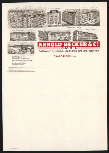 Briefkopf Saarbrücken, Arnold Becker & Co, Textilwaren-Sortiments-Grosshandel, Fabrik Stuttgart, Geschäftshäuser