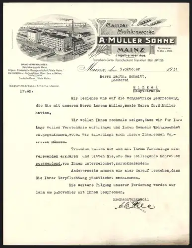 Briefkopf Mainz 1931, A. Müller Söhne, Mainzer Mühlenwerke, Werkansicht am Wasser