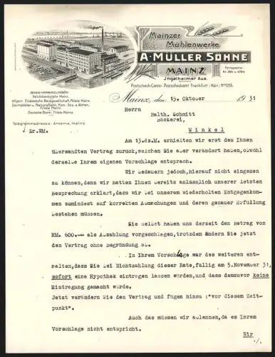 Briefkopf Mainz 1931, A. Müller Söhne, Mainzer Mühlenwerke, Ansicht der Fabrikanlage