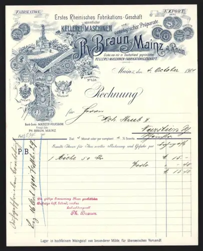 Rechnung Mainz a. Rh., Ph. Braun, Kellerei-Maschinen-Fabrikationsgeschäft, Denkmal, Auszeichnungen und kgl. Wappen