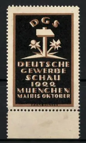 Künstler-Reklamemarke René Binder, München, Deutsche Gewerbe Schau 1922, -Design