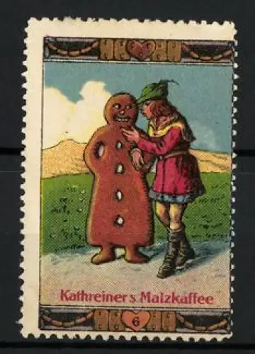 Reklamemarke Kathreiner`s Malzkaffee, Lebkuchenmann und Kind