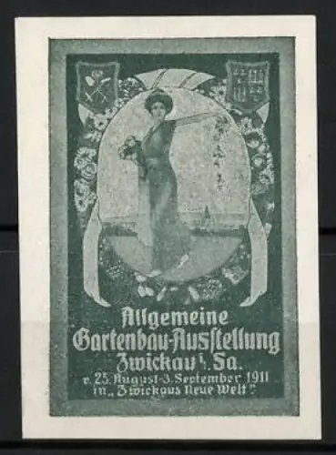 Reklamemarke Zwickau, Allgemeine Gartenbau-Ausstellung 1911, Frau mit Blumenstrauss